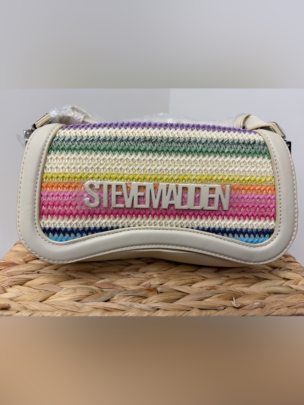 Steve Madden Multicolor Crochet Stripe Shoulder Bag with White Trim